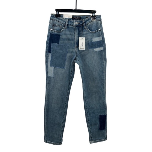 Judy Blue Denim - NWT Judy Blue High Waist Patchwork Boyfriend Jeans 7/28 Blue Stretch 88499 Boho